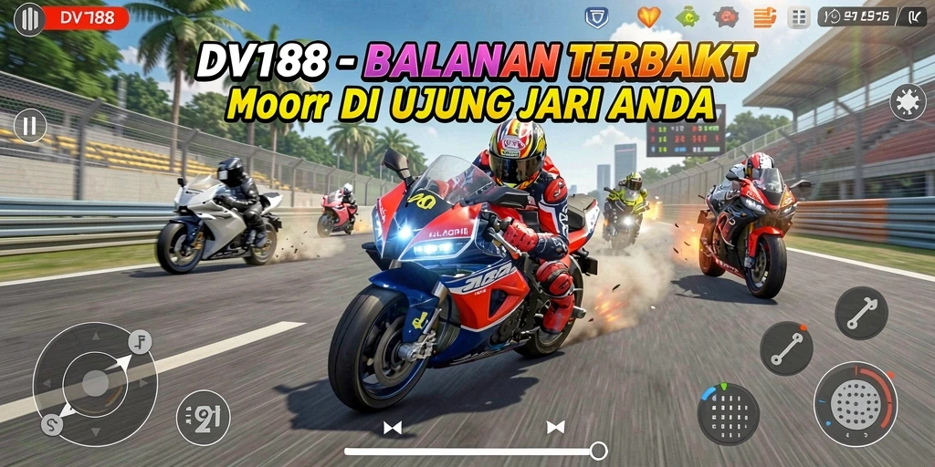 Screenshot gameplay DV188 menampilkan balapan motor yang mendebarkan.