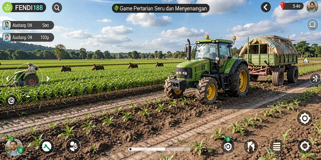 Gameplay FENDI188 yang menampilkan ladang pertanian yang hijau dan subur.