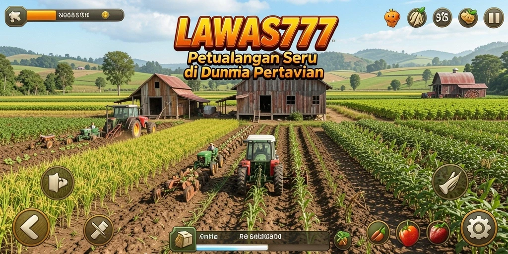Tangkapan layar permainan LAWAS777 menunjukkan ladang yang subur dan hewan ternak.