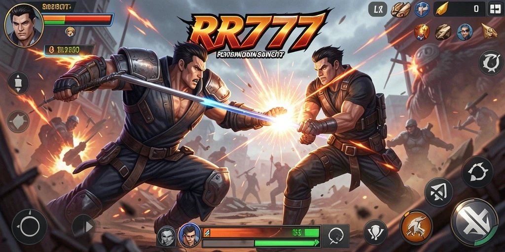 Screenshot menunjukkan pertarungan intens di RR777 dengan karakter yang kuat.