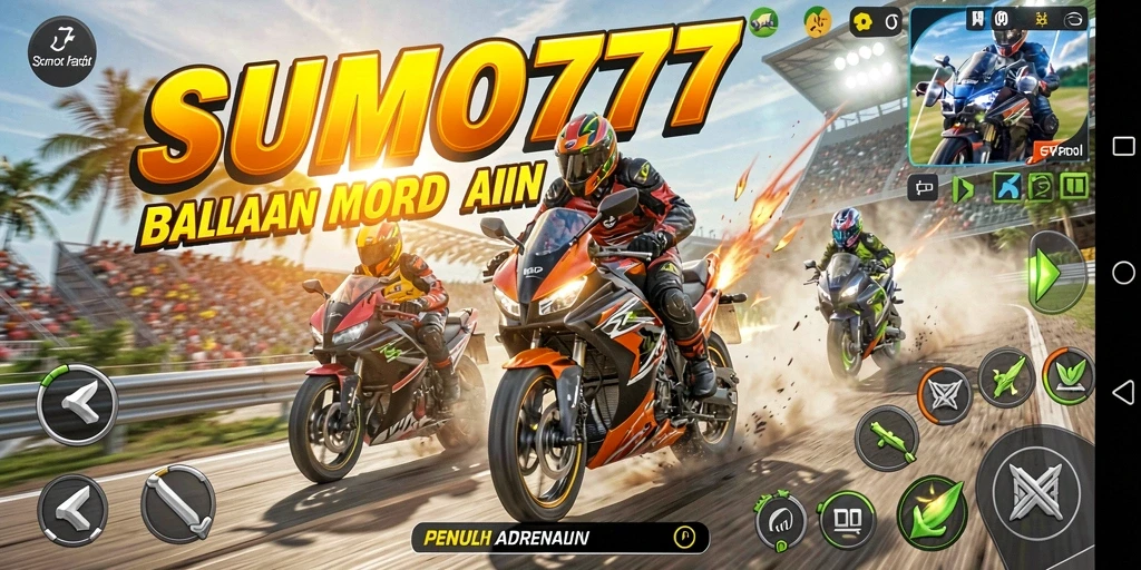 Tangkapan layar menampilkan aksi balapan motor yang mendebarkan.